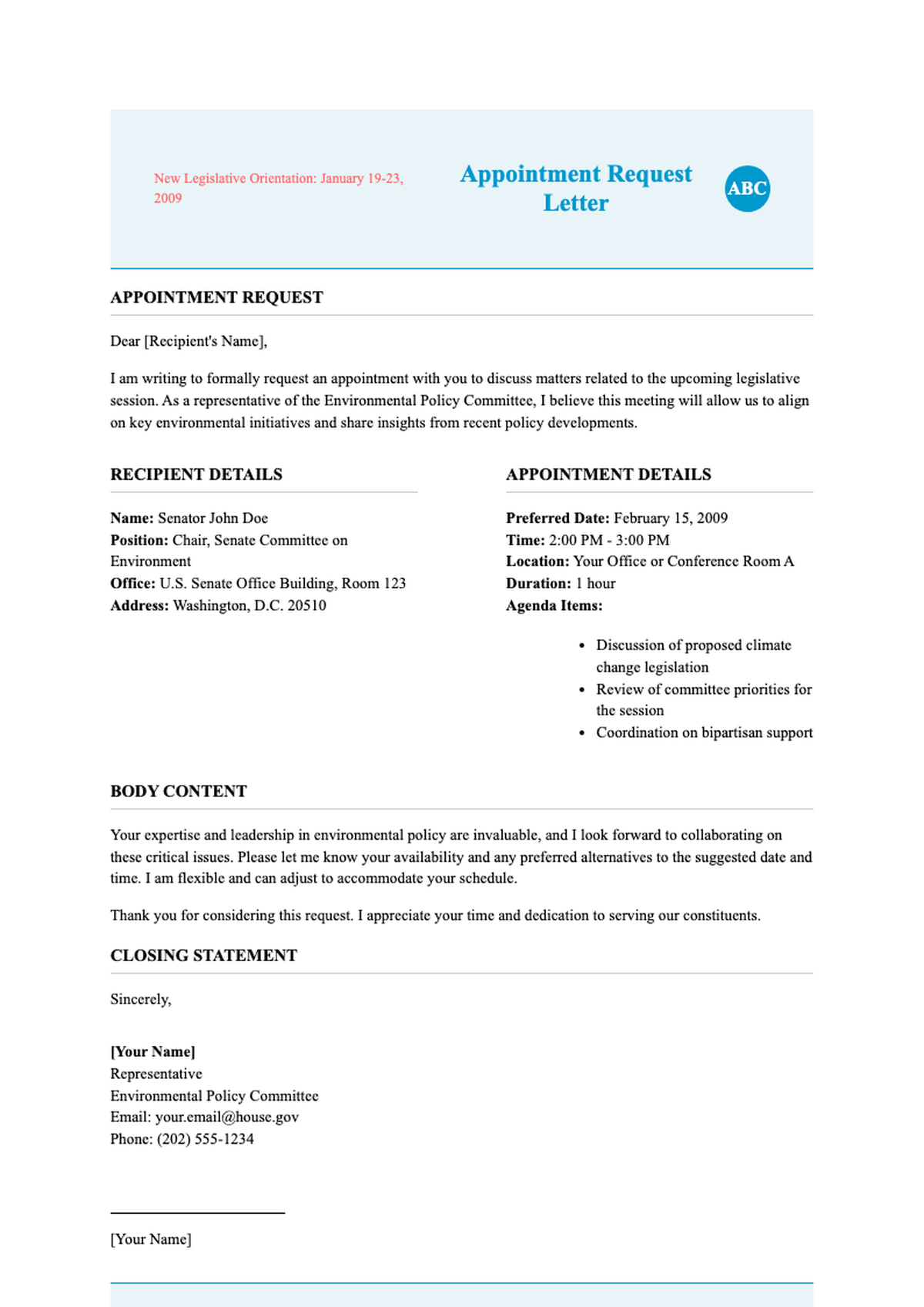 Sample appointment request letter for district office with placeholder fields_variant_1